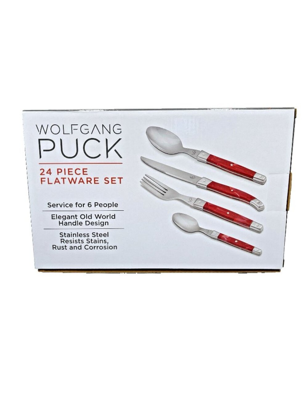 WOLFGANG PUCK NEW 24 Piece Flatware Set Stainless Red Handle Service for 6